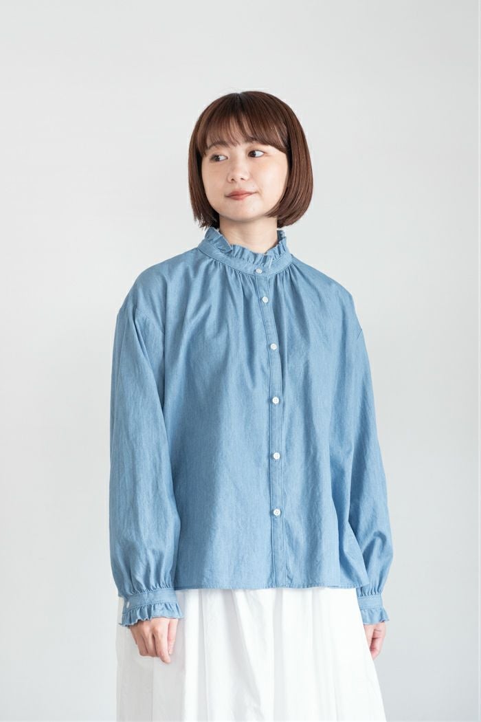 PAR ICI パーリッシィ ライトオンスデニム スタンドフリルシャツ(25AW