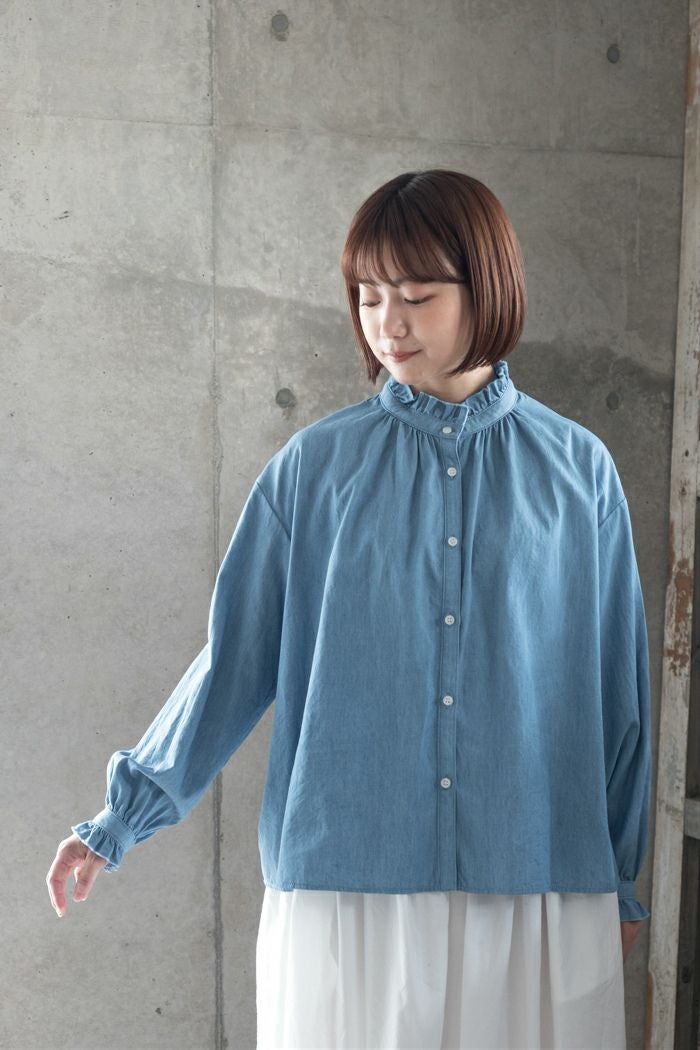 PAR ICI パーリッシィ ライトオンスデニム スタンドフリルシャツ(25AW