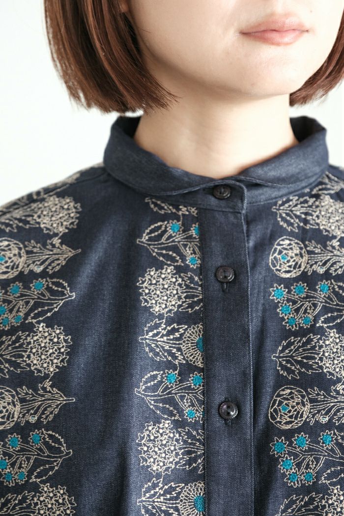 極美品 2021AW マーブルシュッド marble SUD EMB christrose フラワー刺繍 ワイドブラウス/ブルー トップス 花柄 【2400014554212】 marble sud マーブルシュッド Christrose シャツOP | abicolle