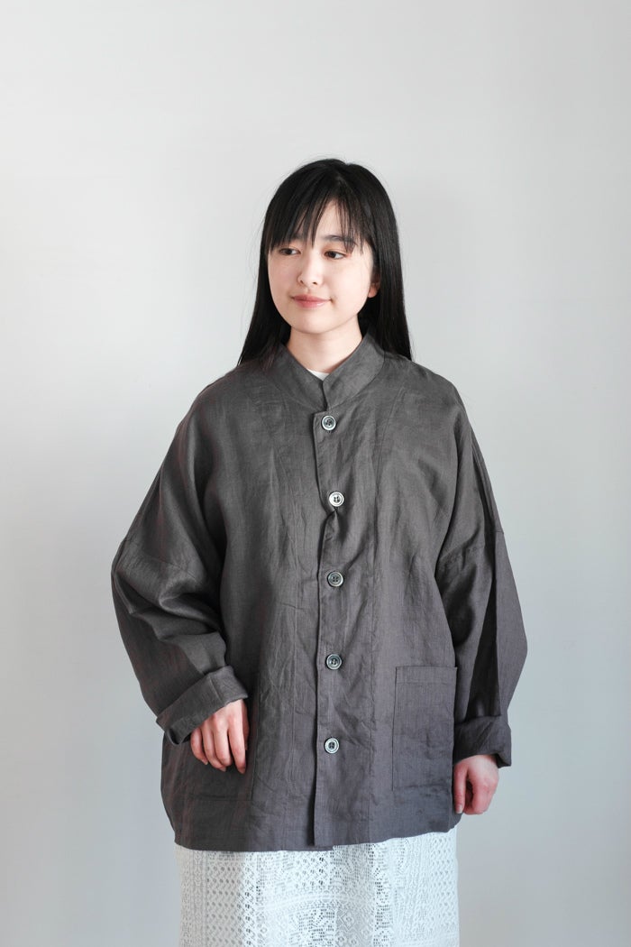 希少 Y's 06SS リネン グレー 金糸 混紡 スタンドカラージャケット TISSU ティシュ フレンチリネン スタンドカラーシャツジャケット(26SS