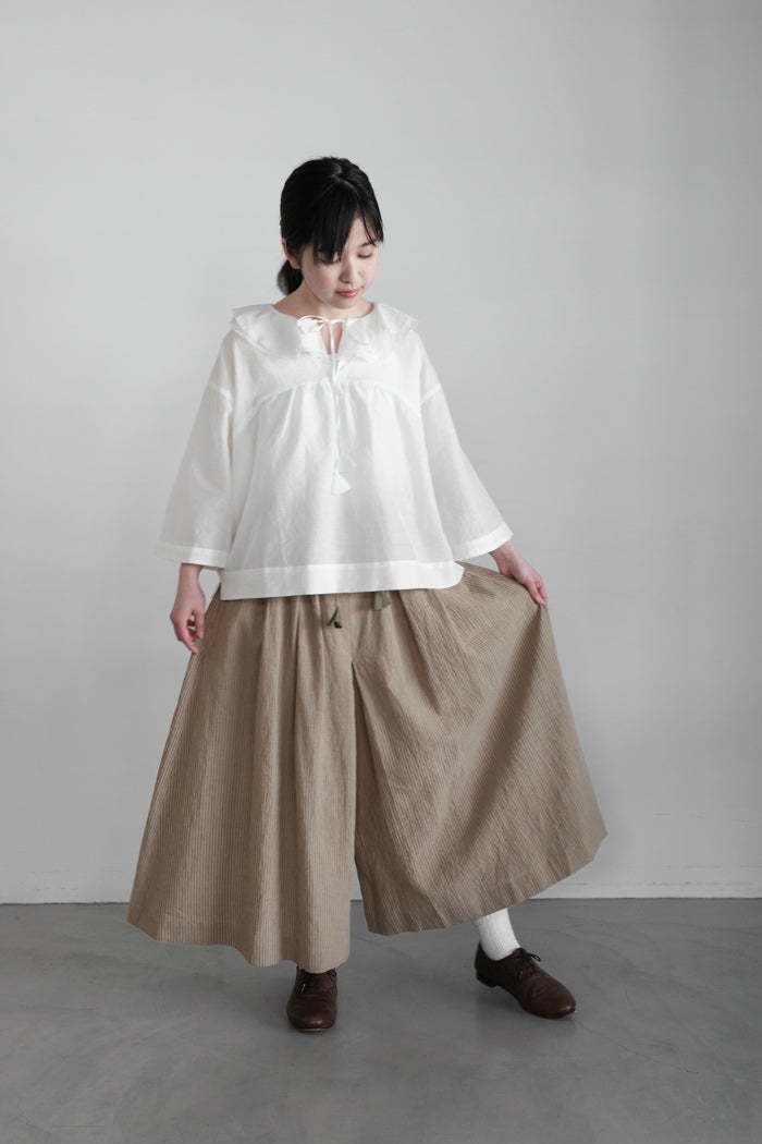 MAGALI マガリ リネンコットンストライプタックワイドパンツ(26SS