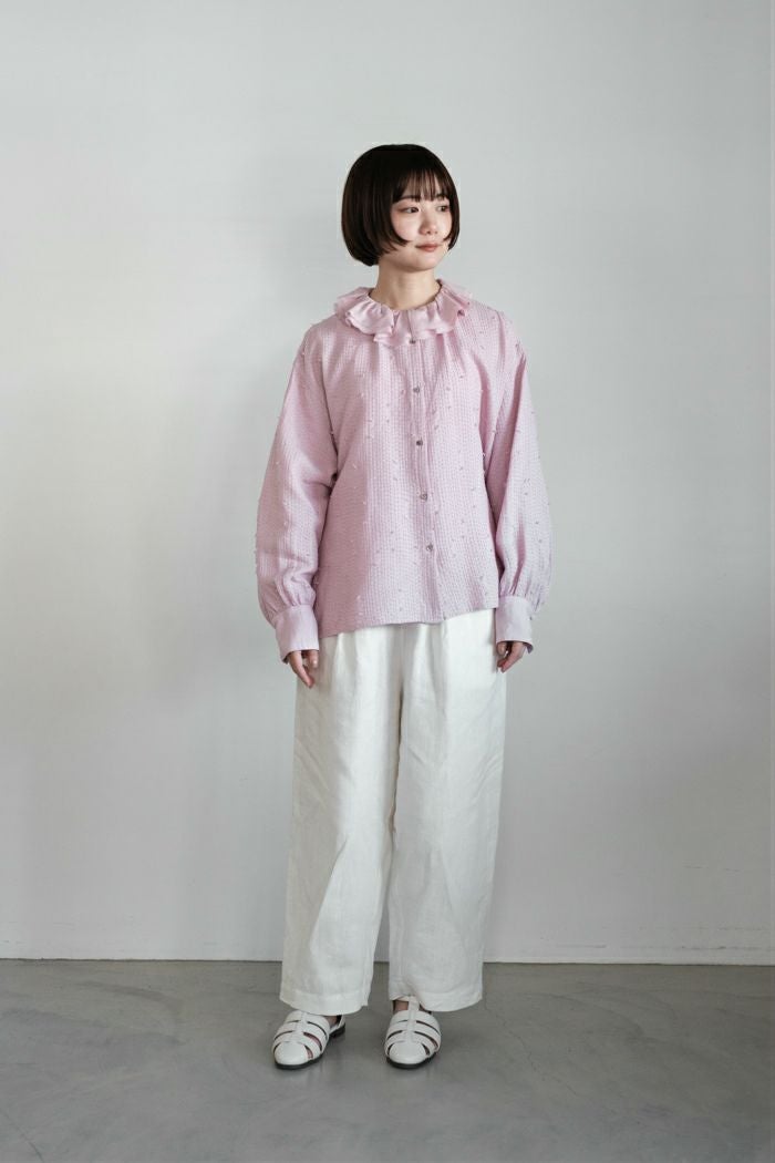 qiri キリ sashiko jacqurd frill collar blouse(26SS) | T.T. GARRET
