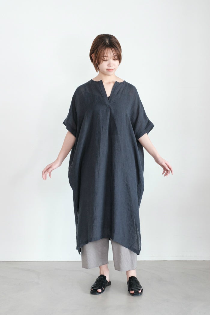 evam eva チャーコル五分袖チュニック ポケット付き evam eva エヴァムエヴァ linen poncho(26SS) | T.T. GARRET