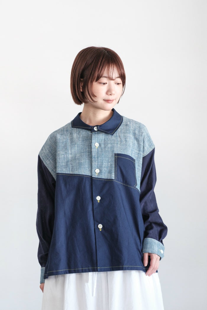 [新品同様] 45R 45rpm 馬比古リネンプルオーバーシャツ　藍染め 図鑑 藍染めリネン切替シャツ(26SS) | T.T. GARRET